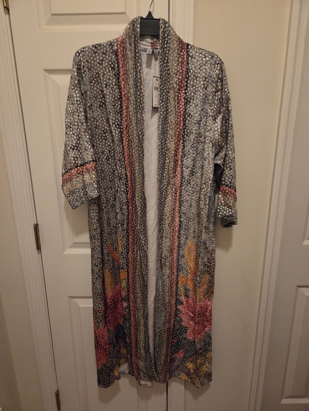 Anthropologie Floral Open-Front Long Cardigan Coatigan - Gray with Pink & Yellow